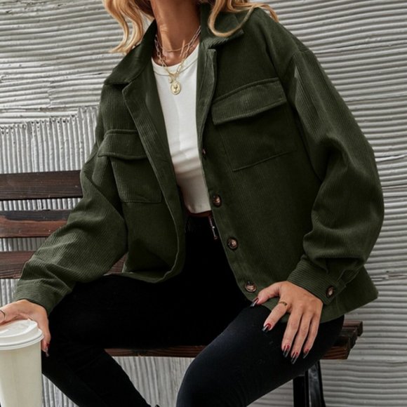 Casual Button up Corduroy Oversized Jacket Shacket Green - Picture 3 of 6